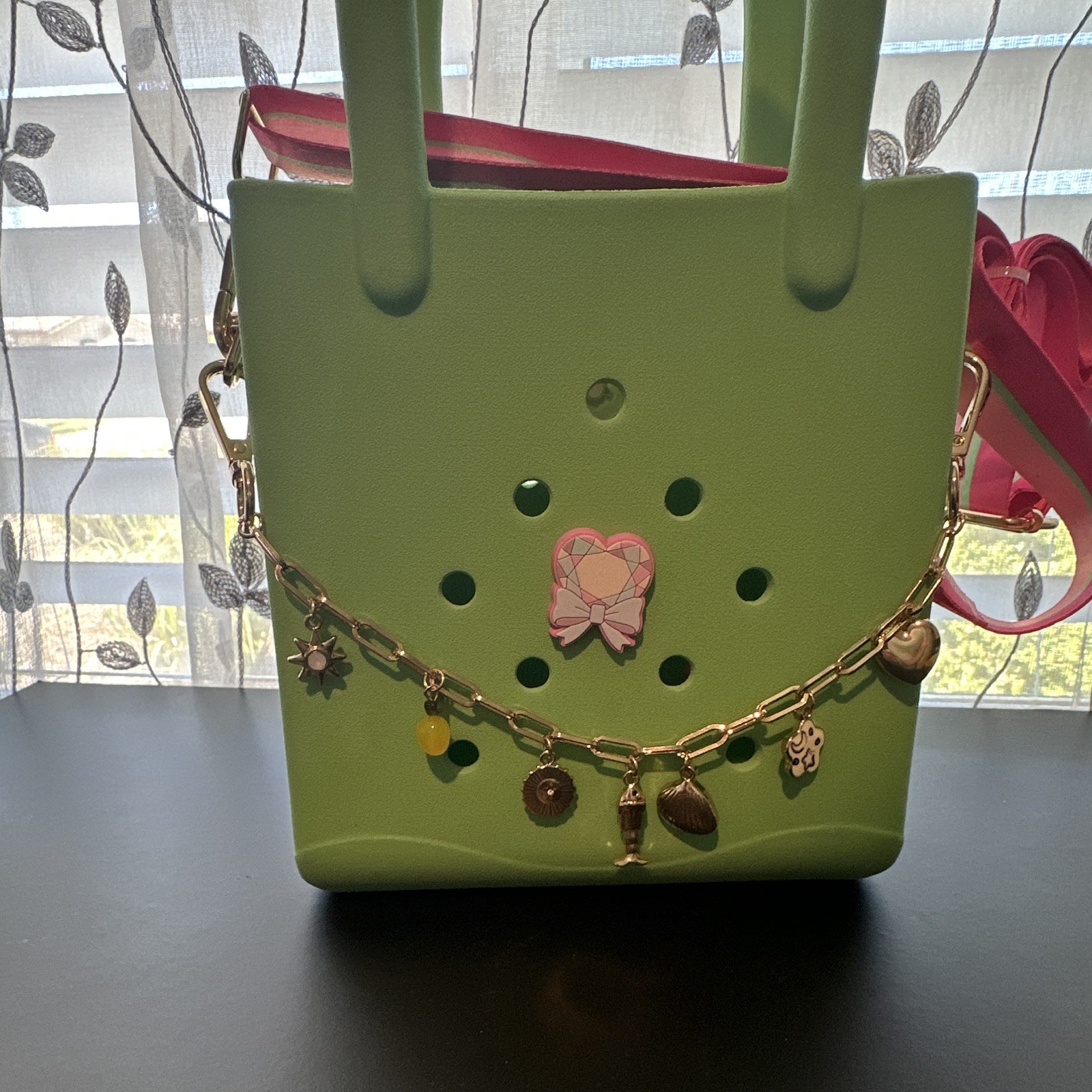 Green Satchel Top Handle Bag Adjustable Detachable Pink Strap Charms Gold.
