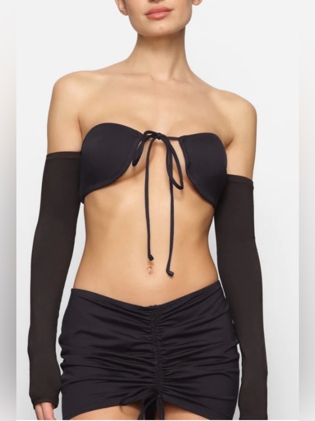 Skims NWT Swim Long Sleeve Bikini Top Only Black Onyx Strapless Tie-Front Size S