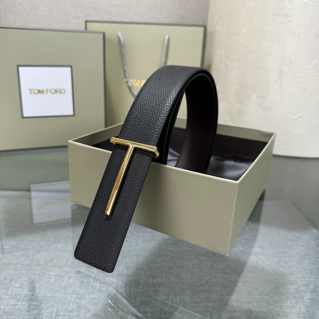 Tom Ford Belt Reversible T-Buckle Black/Brown Calfskin Leather Belt