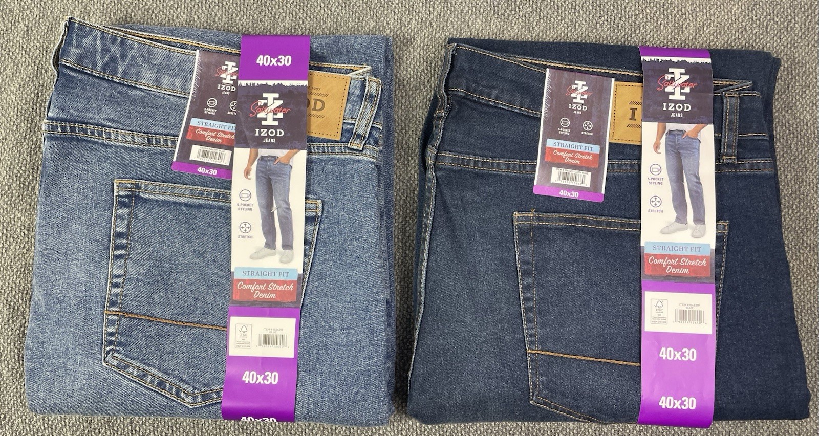 Izod Lot of 2 Men’s Blue & Dark Blue Straight Fit Comfort Stretch Jean 40×30 NWT