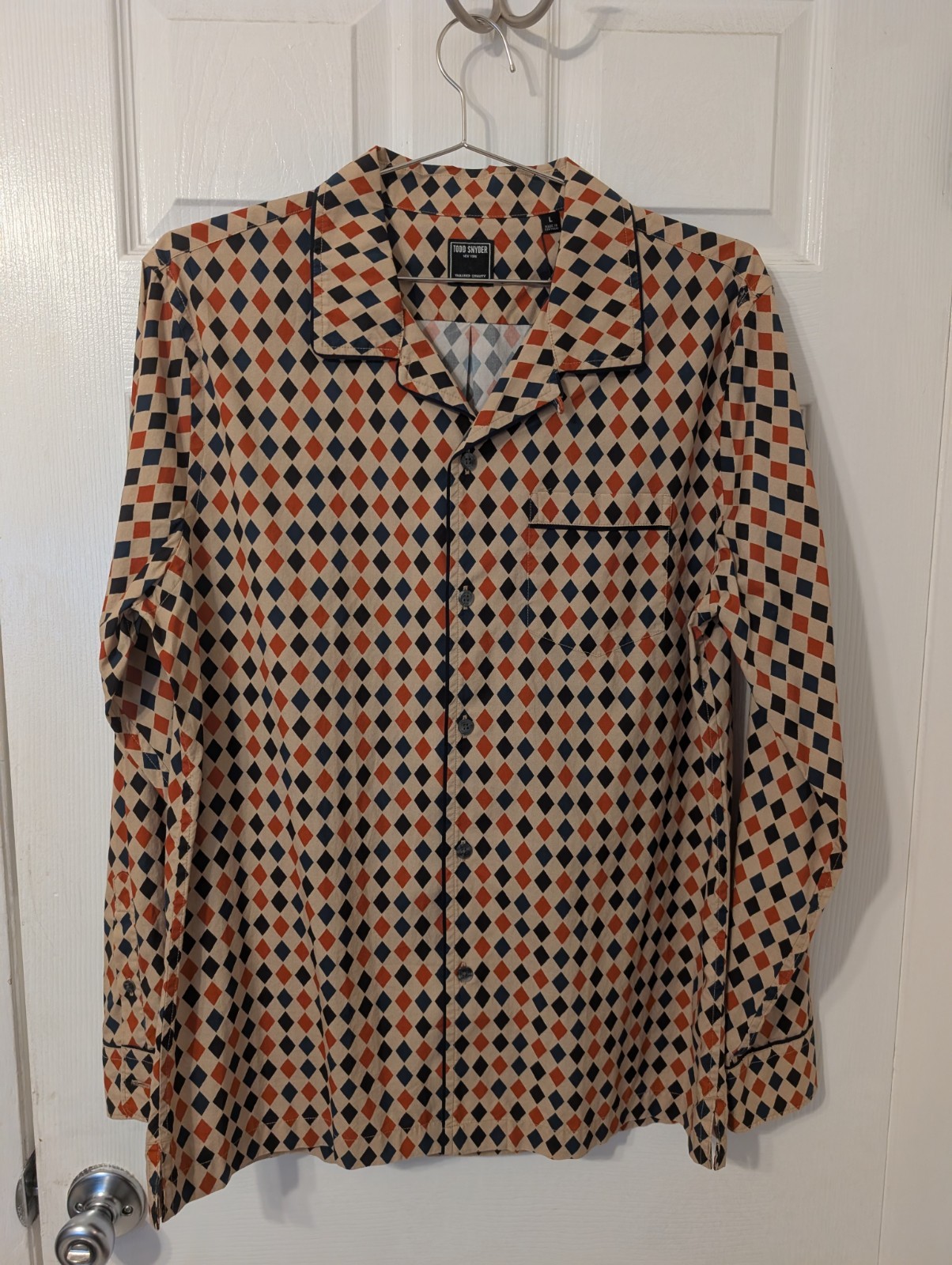Todd Snyder Tipped Cream Argyle Camp Collar Diamond Print Long Sleeve Shirt NEW