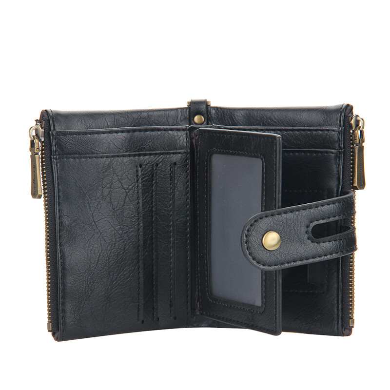 Men Leather Black Wallet with Anti-theft Chain Bifold Double Zipper Purse Gift