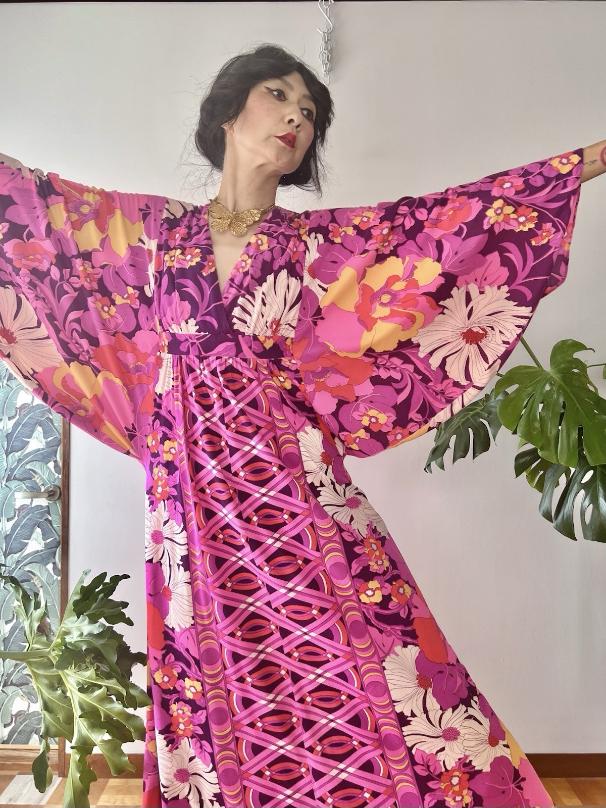 1970s Mr. B of California Psychedelic Floral Wing Sleeve Caftan Dress Maxi Gown