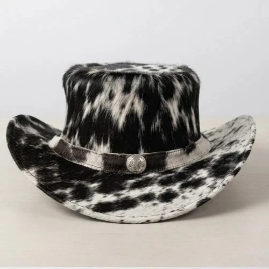 Handmade Hair-On Cowhide Leather Western Cowboy Top Hat Black White Rodeo Style
