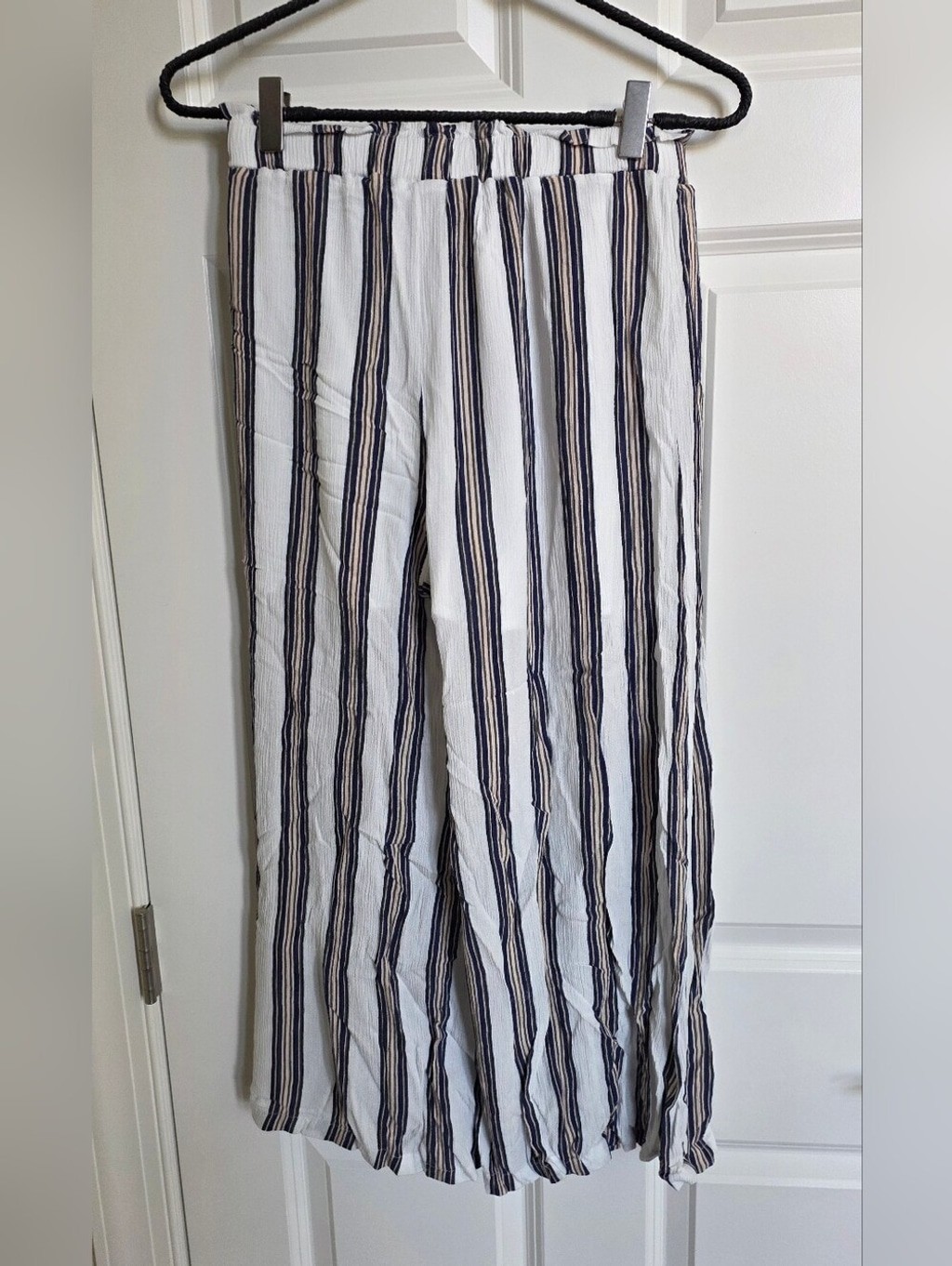 Simplee White Stripe Wide Leg Palazzo Pants Tie Waist Resort Beach Pants Size S