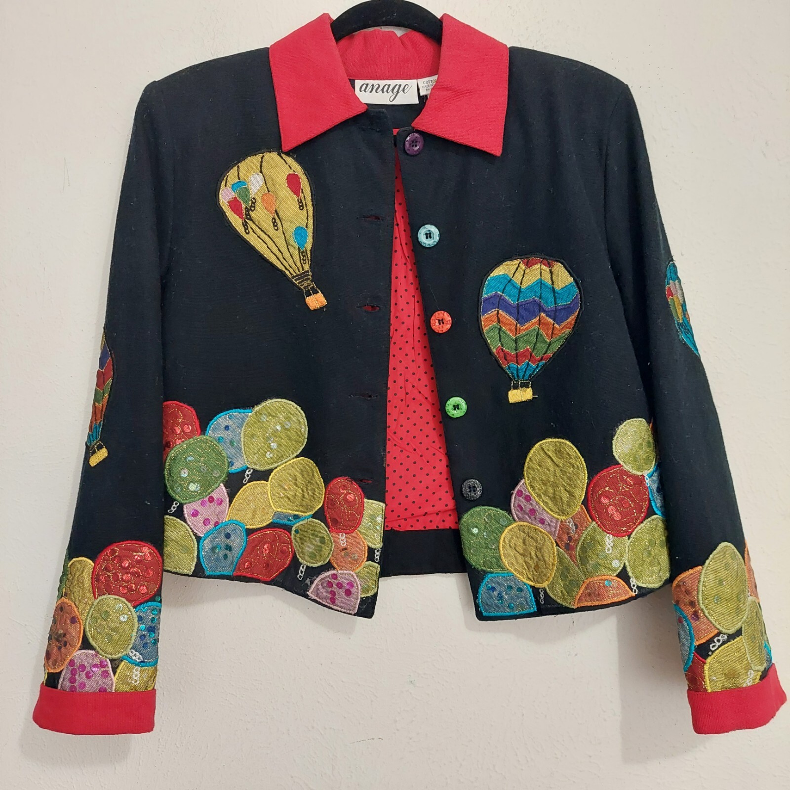 Vintage Anage Black Hot Air Balloons Button Down Jacket Sequins Patchwork 80s S