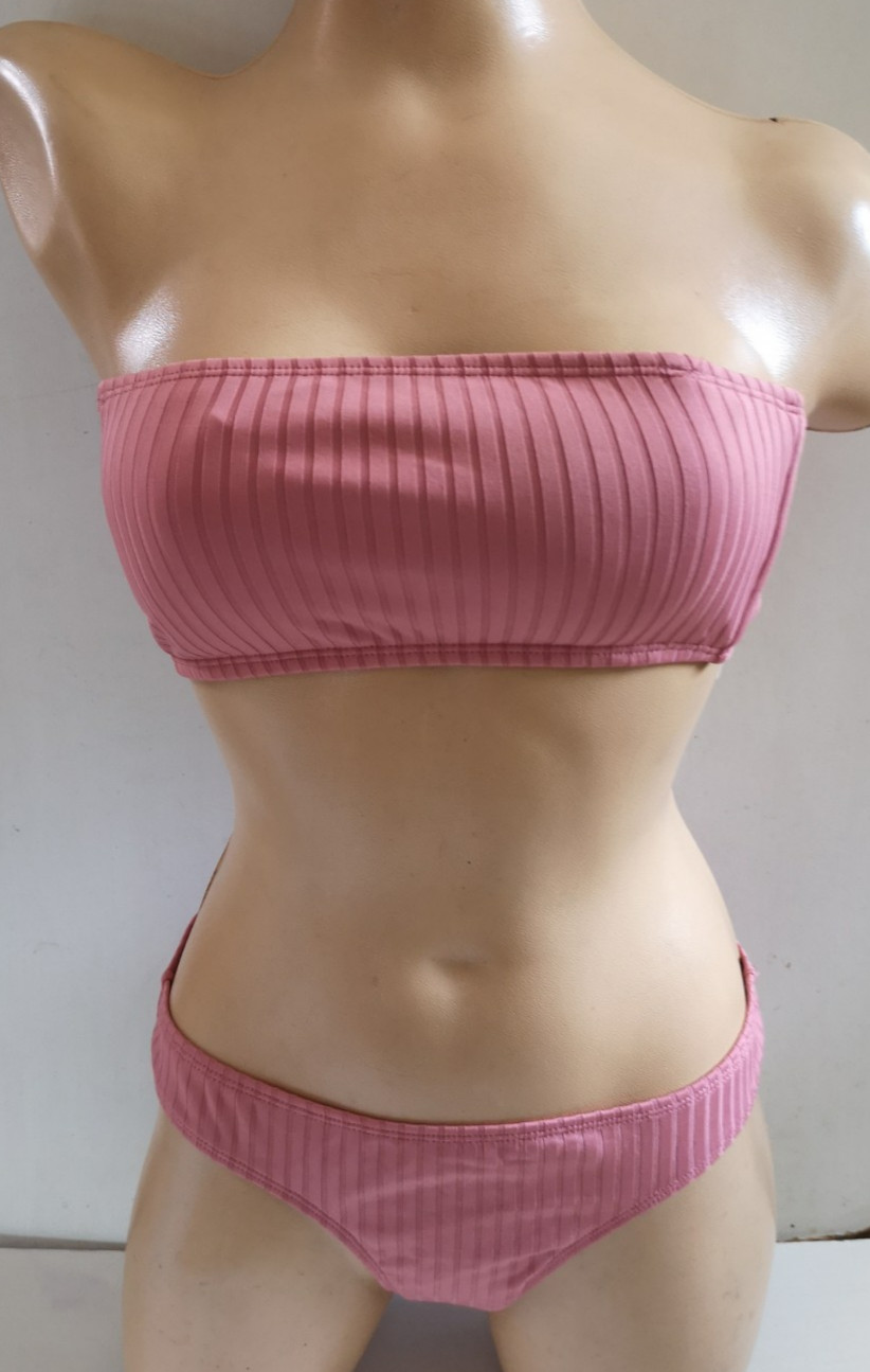 PRIMARK SALMON PINK STRIPE BANDEAU BIKINI SET w BREIFS 10 TOP 12 BOTTOM NEW