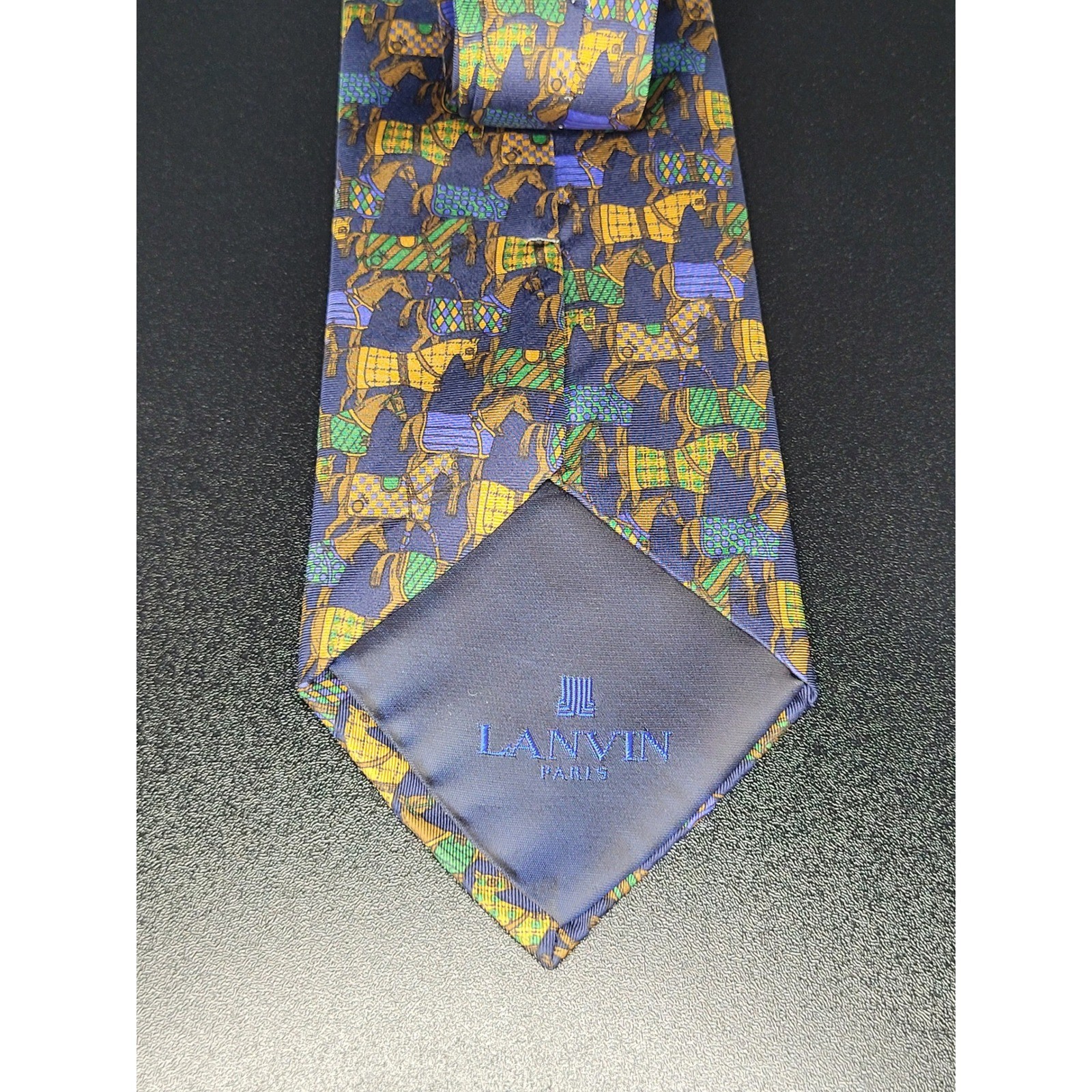 Lanvin Men’s Necktie Blue Equestrian Horse Silk 3.5″ x 57″ Excellent