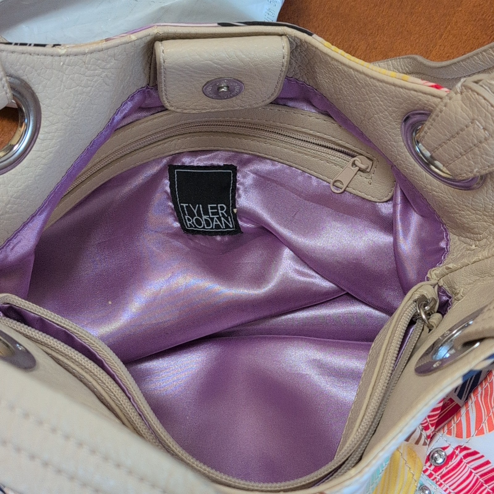 Tyler Rodan Polka Dot Multicolor Shoulder Bag Beige Strap Purple Lining