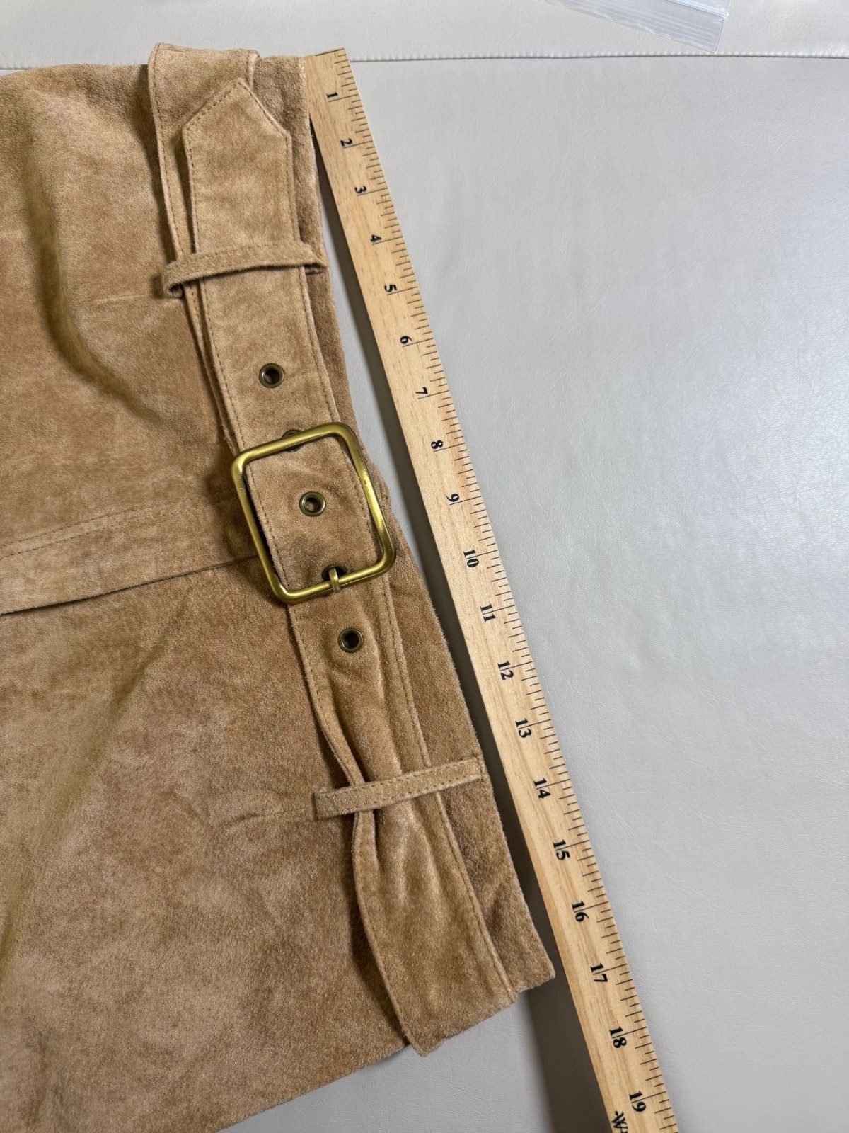 Newport News Women Tan Suede Leather Midi Maxi Skirt Waist Size 14 Belted Buckle