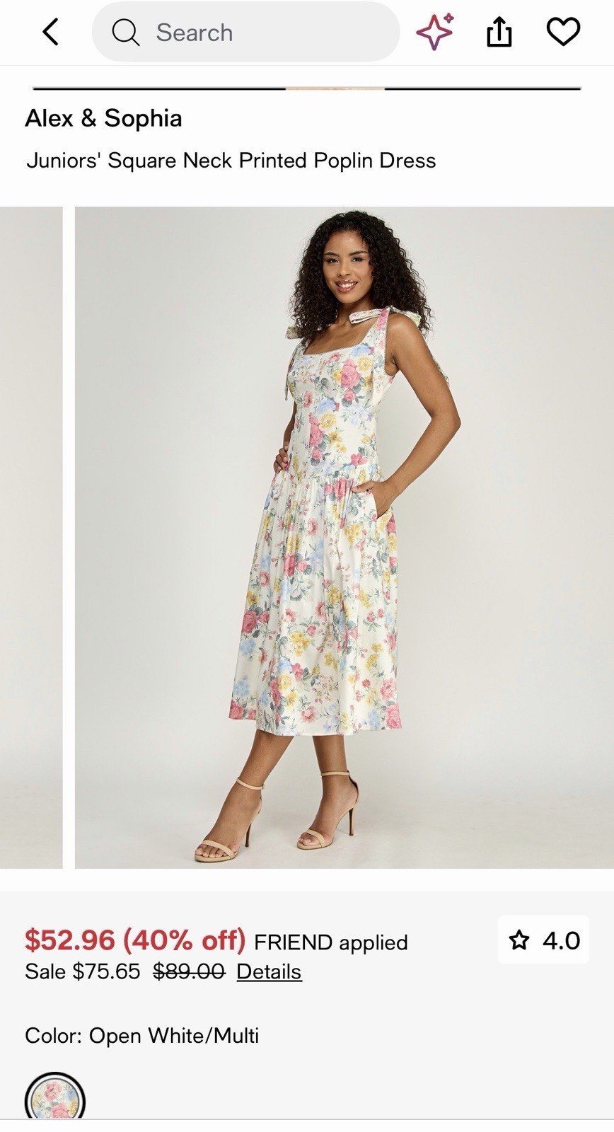 Alex & Sophia Square Neck Floral Poplin Midi Dress 9/10 White Multi
