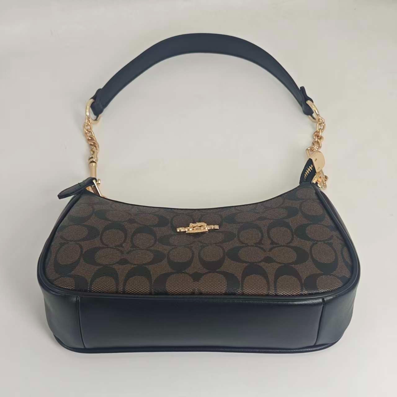 Coach Teri Signature Shoulder Bag Brown Black Chain Strap Crossbody Purse Women