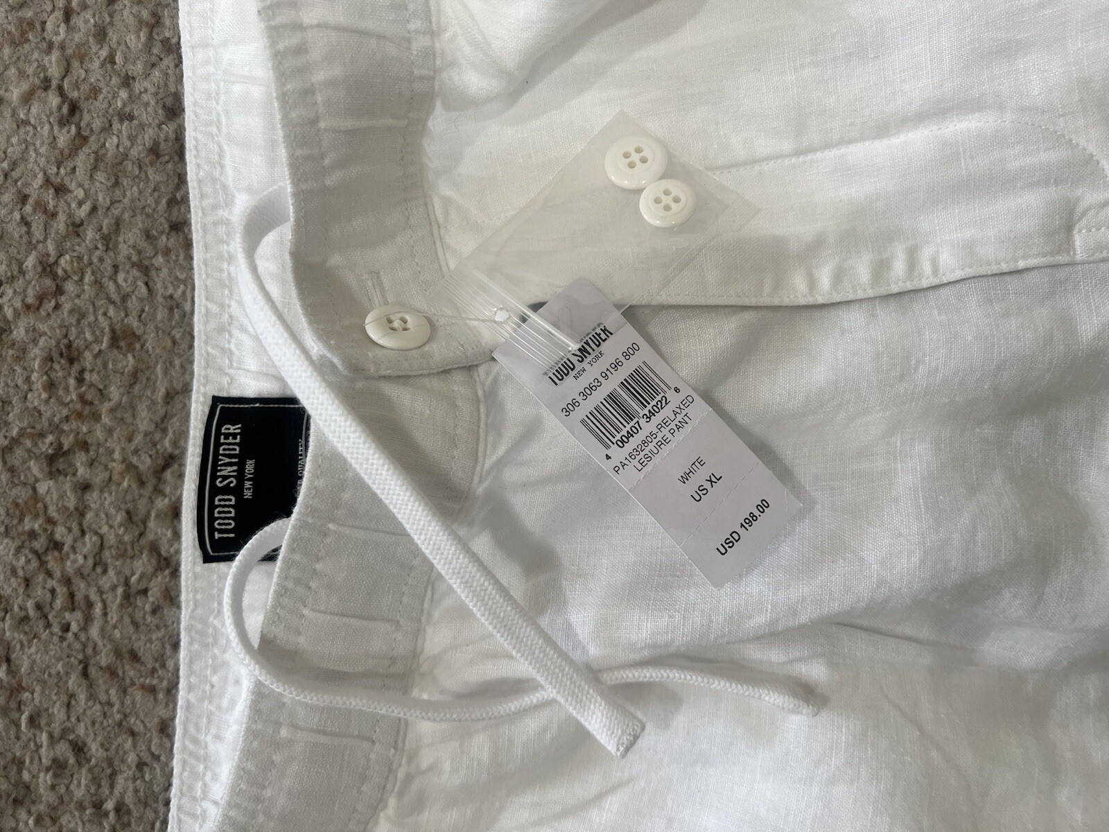 Todd Snyder Italian Linen Men’s Relaxed Leisure Beach Lagenlook White Pants XL