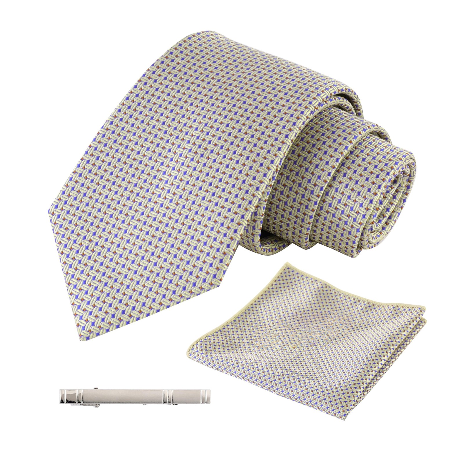 Men’s Necktie Set 155cm Length 8.3cm Width with Pocket Square & Tie Clip
