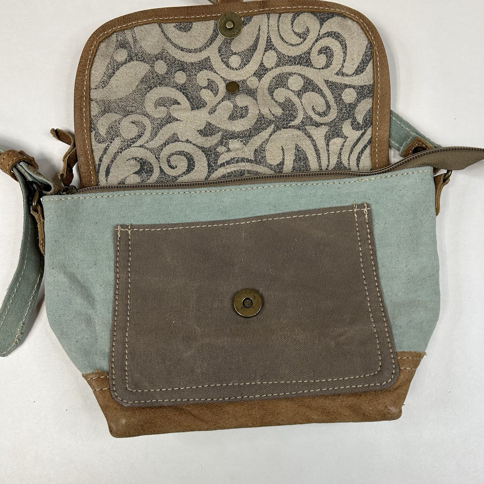 NEW Myra Bag Crossbody Bag Small Canvas Leather Blue Brown Flap #1246