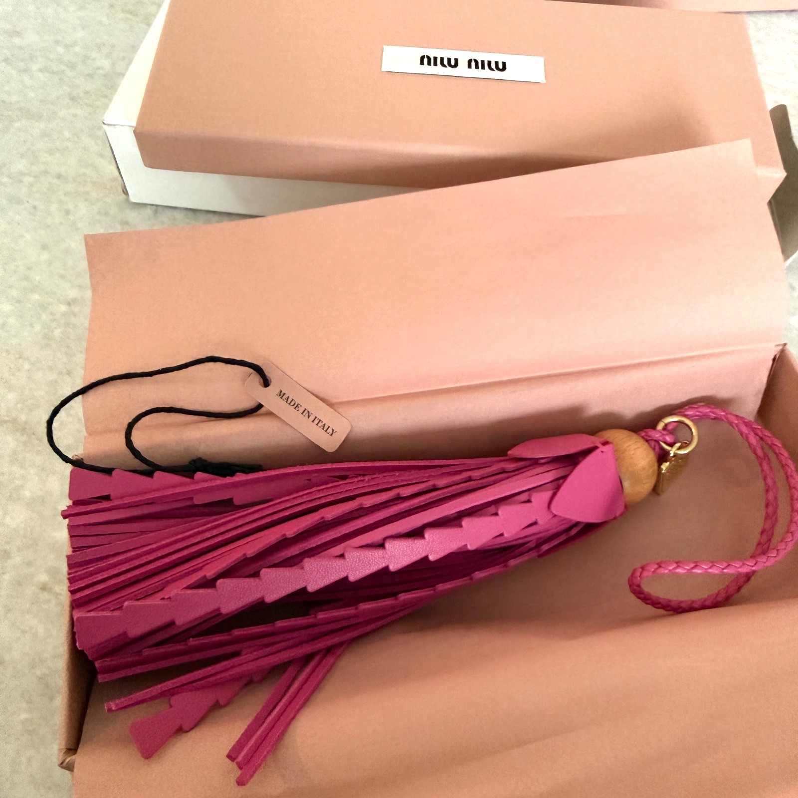 Miu Miu Bag Charm Leather Keychain NEW, Pink Tassel with wood top