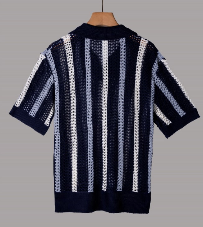 Men’s V-Neck Collared Knit T-Shirt Hollow Out Striped Short Sleeve Tee