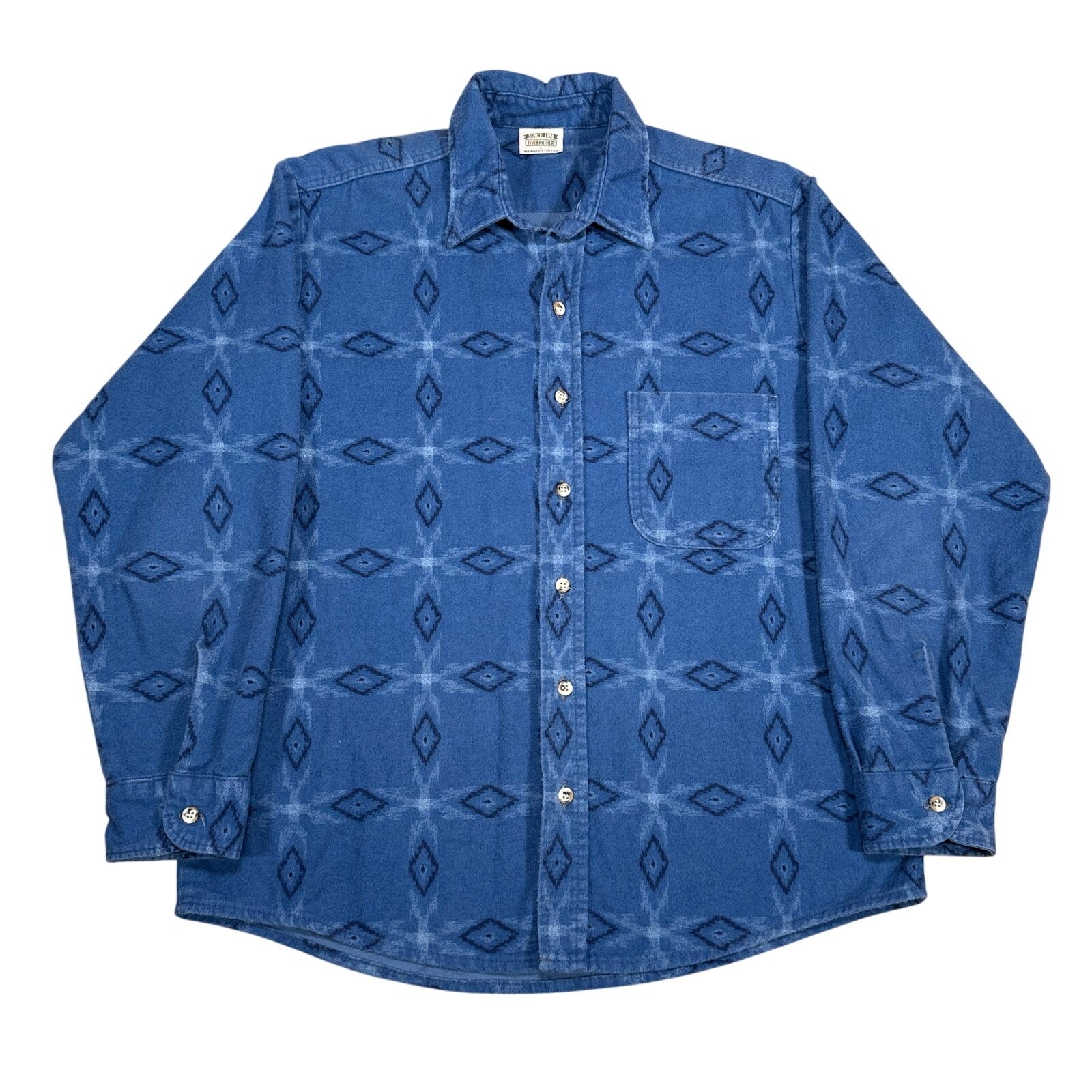 Vintage 90s Western Diamond Print Cowboy Flannel Shirt Blue Workwear USA Large