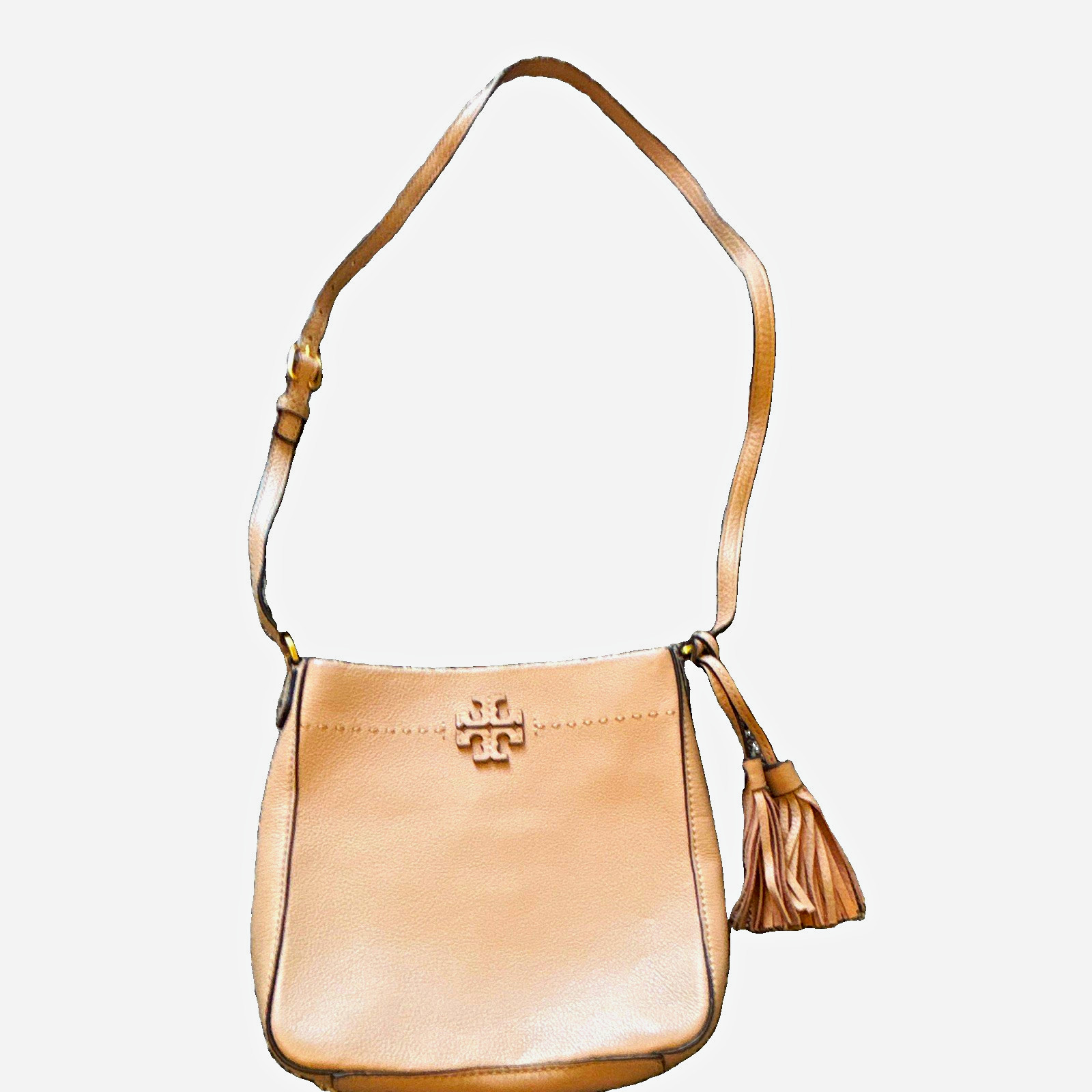 Tory Burch Beige Pebbled Crossbody Bag Gold Hardware Tassel Logo Zip Card