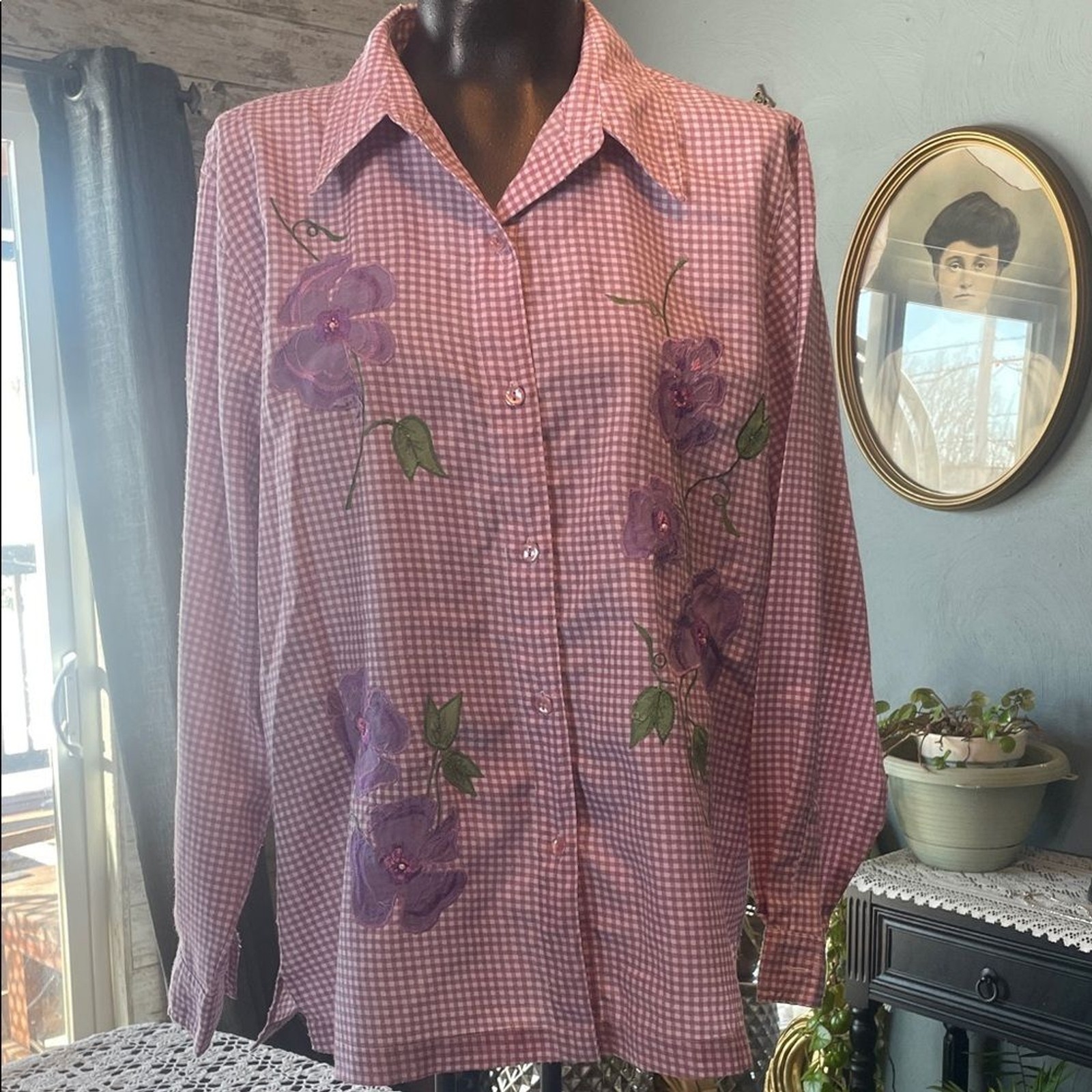Pink Gingham Floral Embroidered Women’s Top