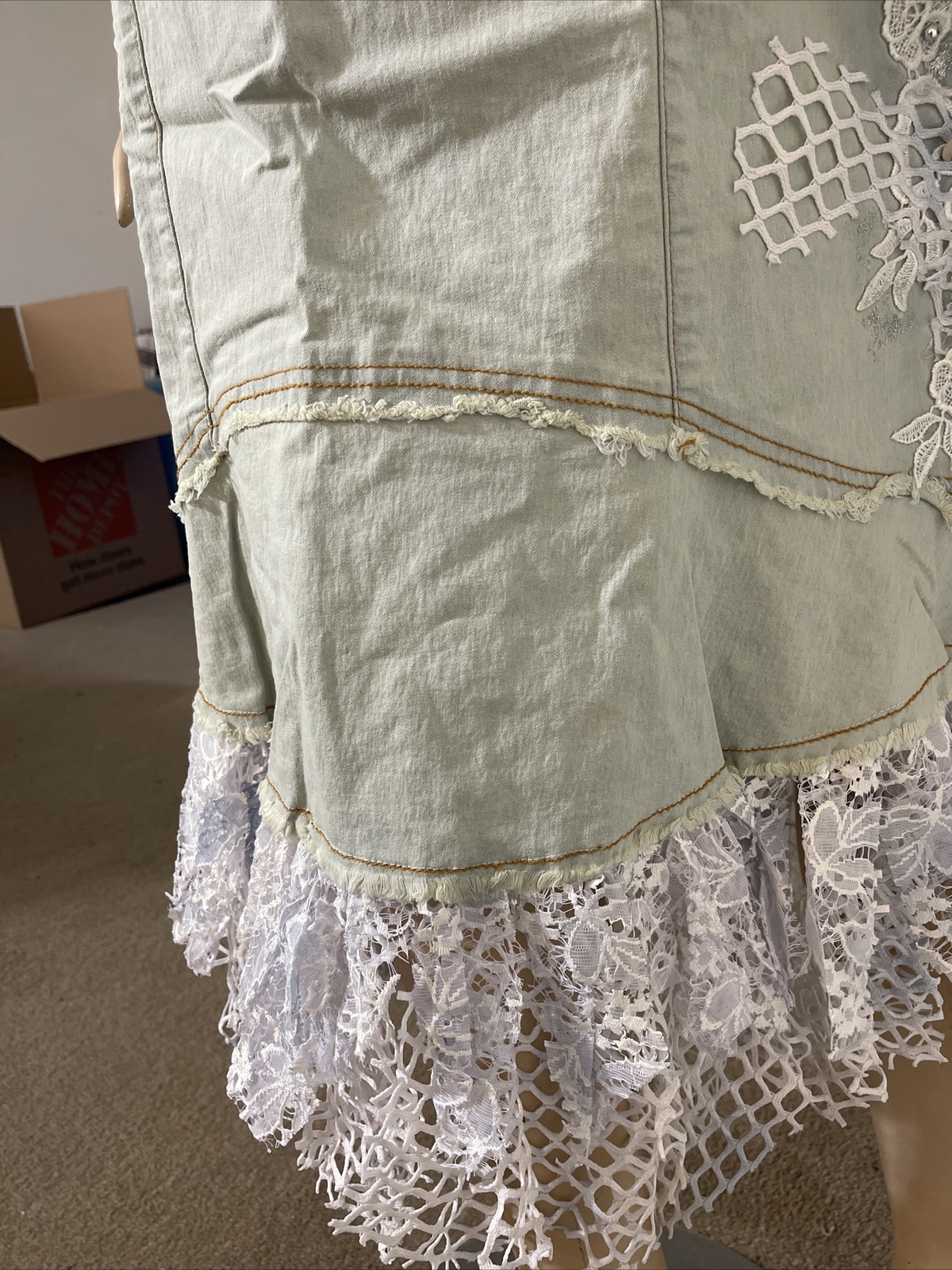 Light Blue Denim Cotton Embroidery Lace Bead Boho Size XL(10-12) Skirt SK 708