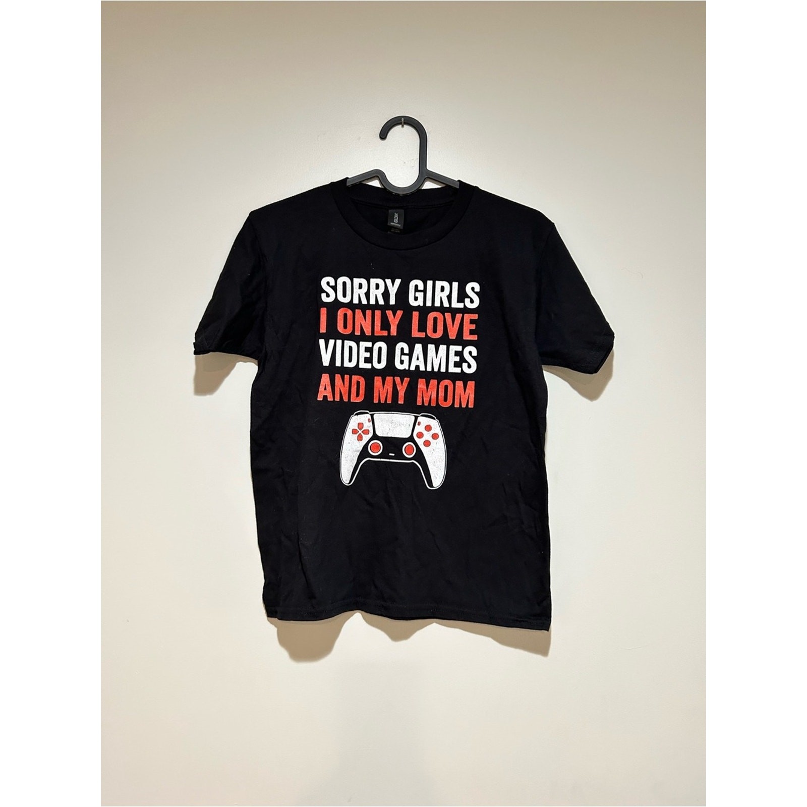 Gildan Black Graphic Tee with White and Red Print