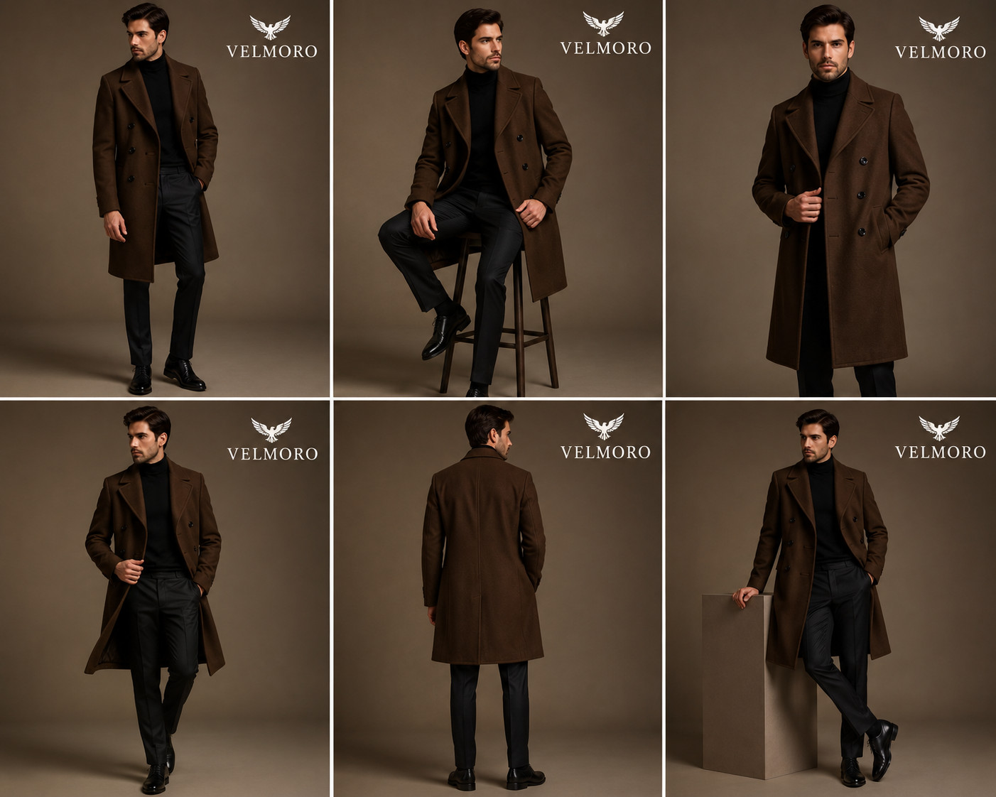Men’s Dark Brown Double Breasted Long Overcoat Wool Blend Winter Trench Coat For