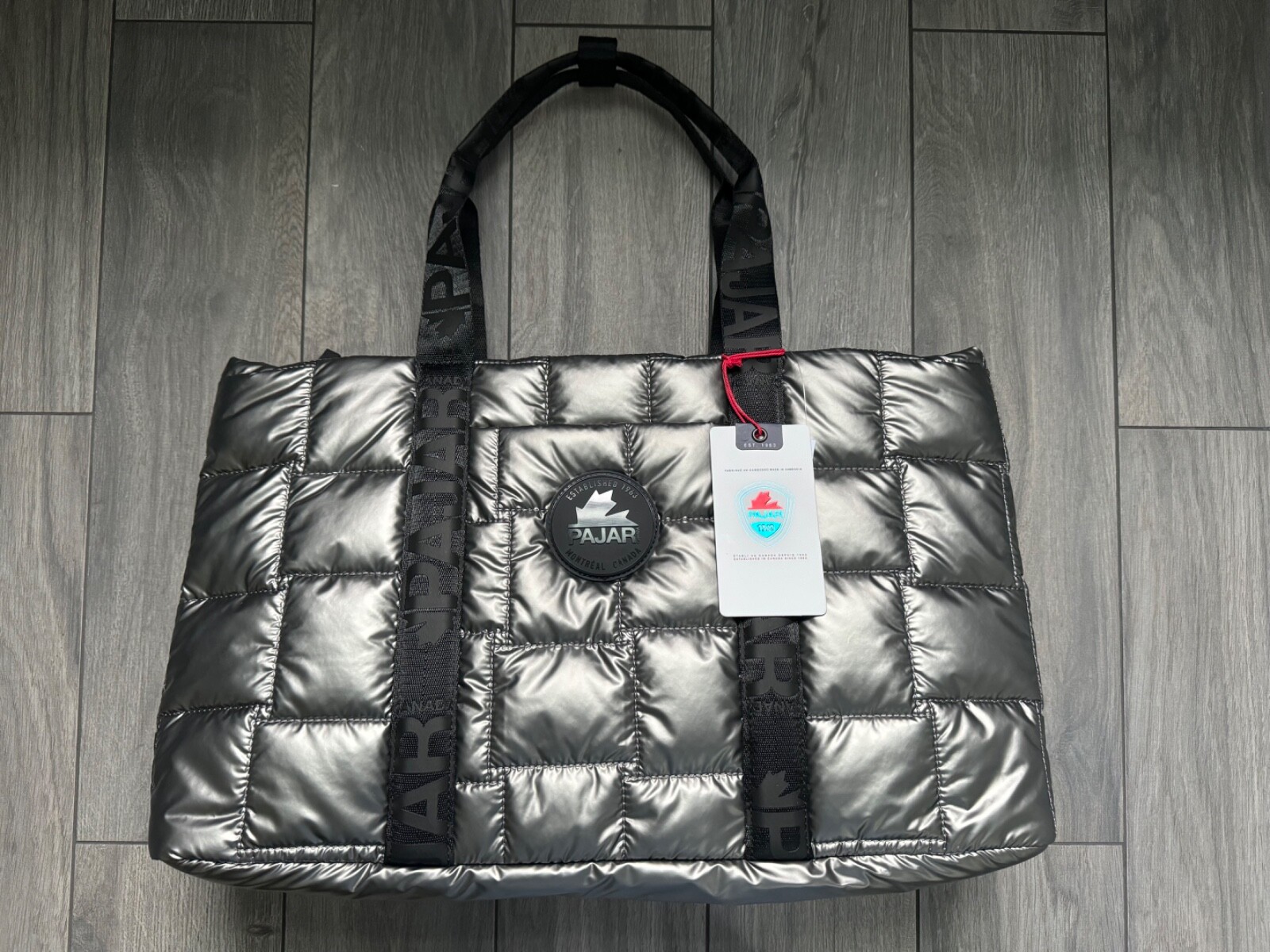 PAJAR QUILTED SHOULDER BAG TOTE, GUNMETAL, NWT, 21″W x 12″H x 6.75″D