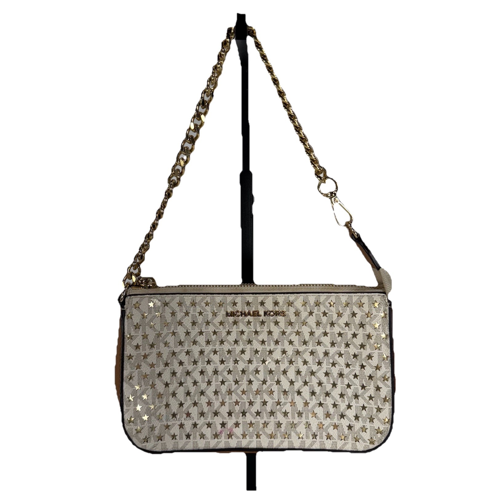 Michael Kors Small Chain Pouchette Vanilla Signature w/ Gold Star Cut Out Print