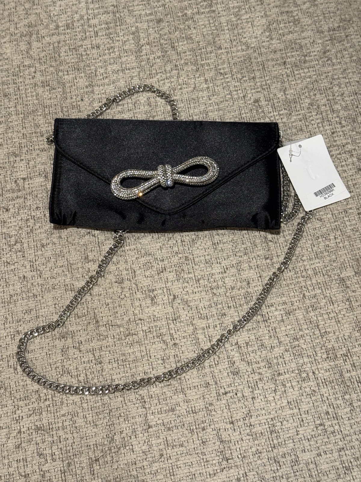 Nina Black Small Clutch with Silver Chain Strap Rhinestone Bow, Magnetic