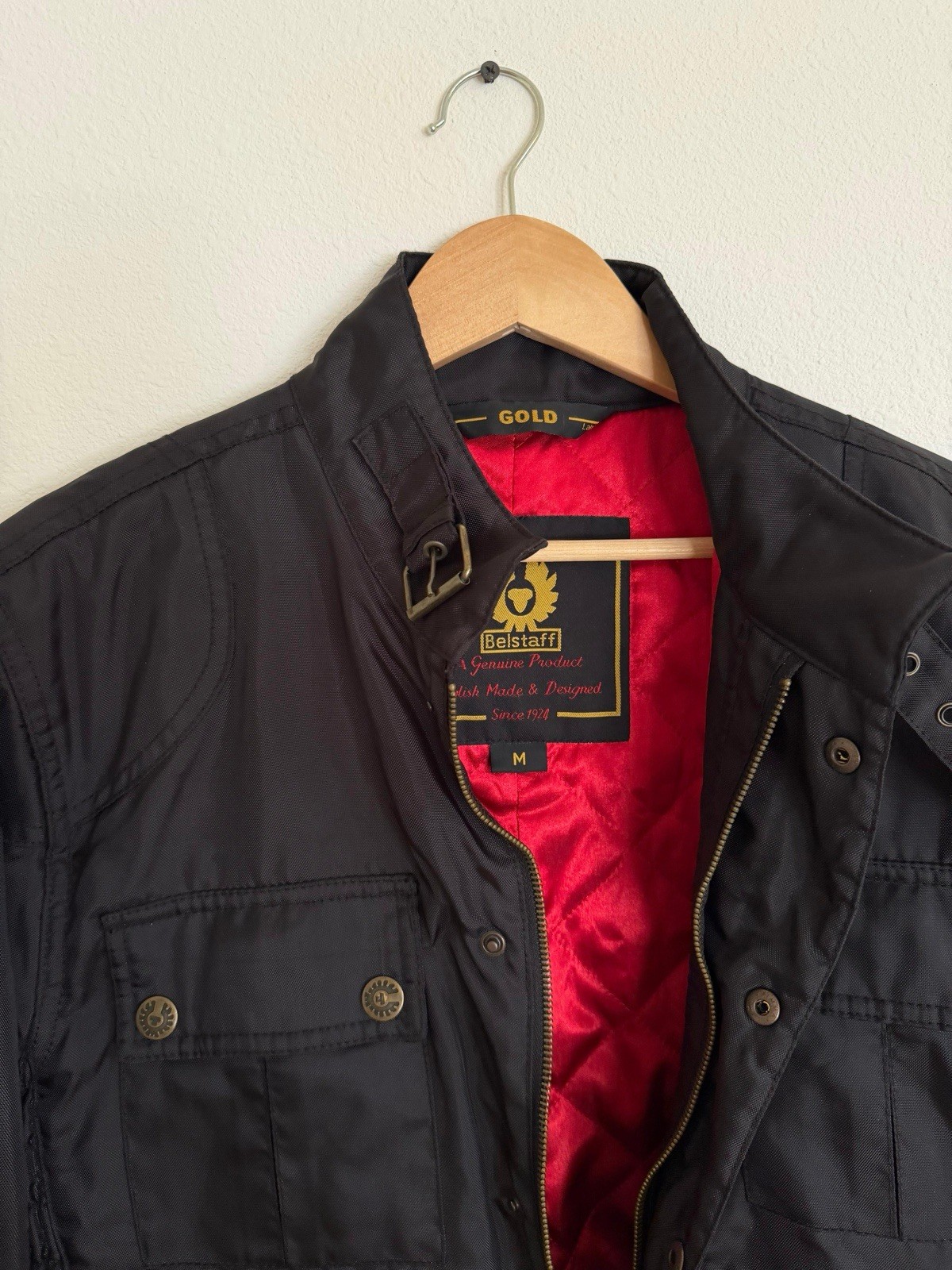Belstaff Men’s Black Jacket Red Quilted Lining Stand-Up Collar Belted M
