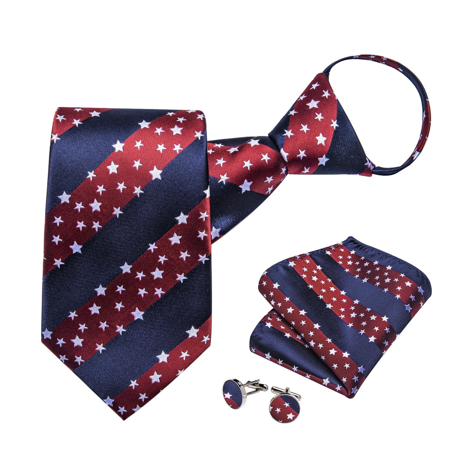 Silk Zipper Ties for Men, Paisley Plaid Pre-tied Tie Set with Pocket Square & Cu