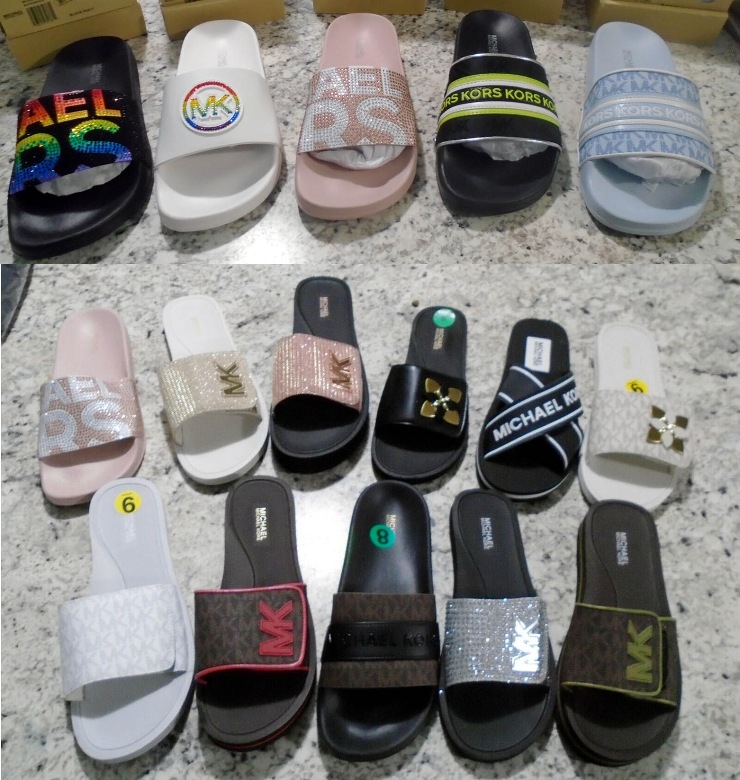 Michael Kors MK Slides Gilmore & Eva Pink Blue Gold Black White MK Pink