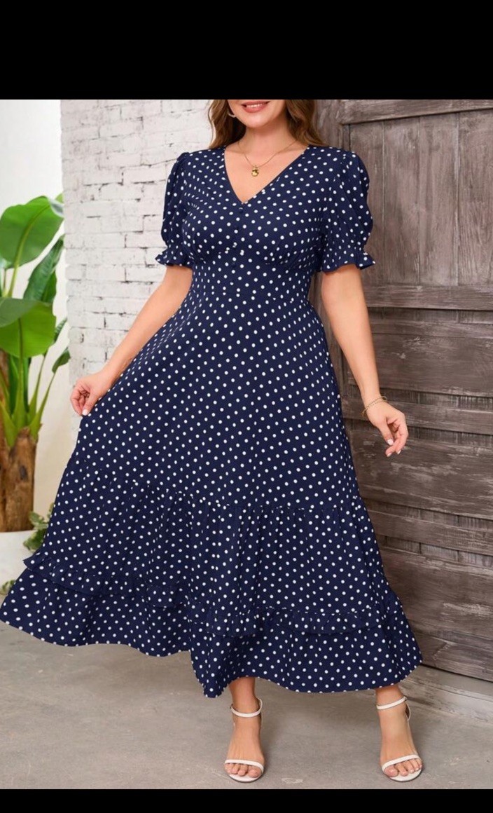 NWT clasi brand Blue White Dot A-Line Dress V-Neck Puff Shortslv Ruffle maxi 3xl