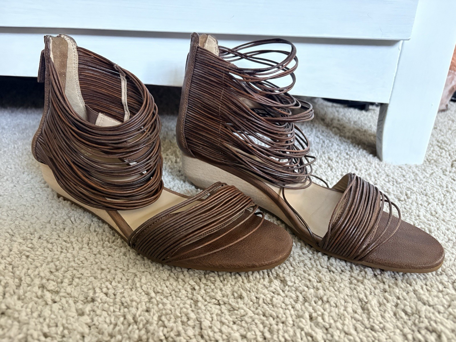 Eileen Fisher Sz 9 Brown Leather Strappy Platform Sandals Ankle Western Shoes