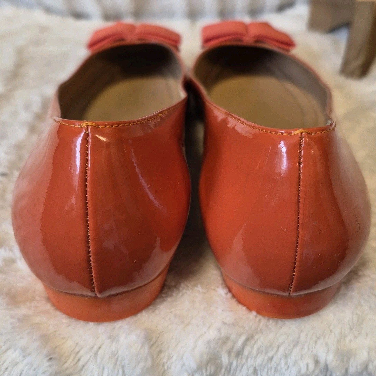 Salvatore Ferragamo My Cherie Ballet Flats Orange Patent Leather Bow Size 8.5 M