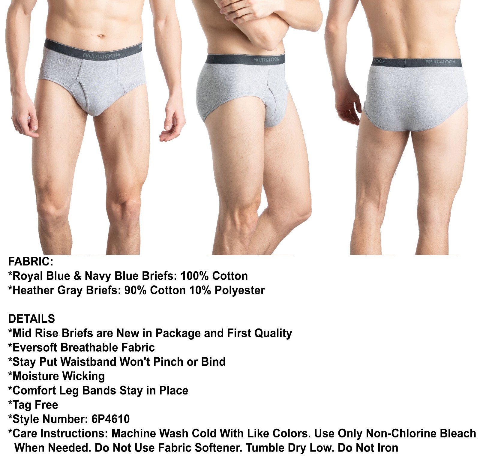 48 Blue Gray Extra Large XL 40-42 Briefs Mid Rise Fruit of the Loom EG 102-107CM