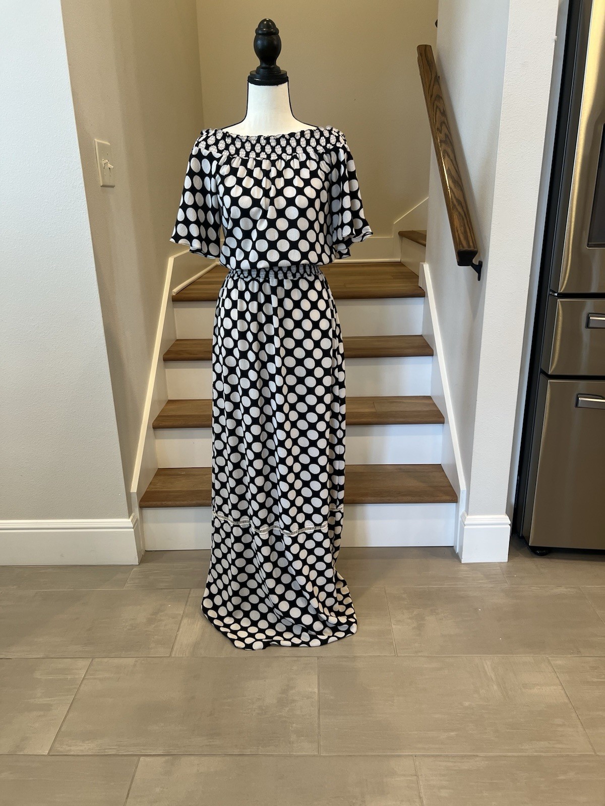 Think Black And White Polka Dot Off Shoulder Maxi Dress