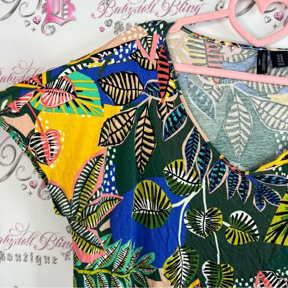 Cynthia Rowley tshirt tee tropical abstract floral Multicolor Leaf Print Blouse