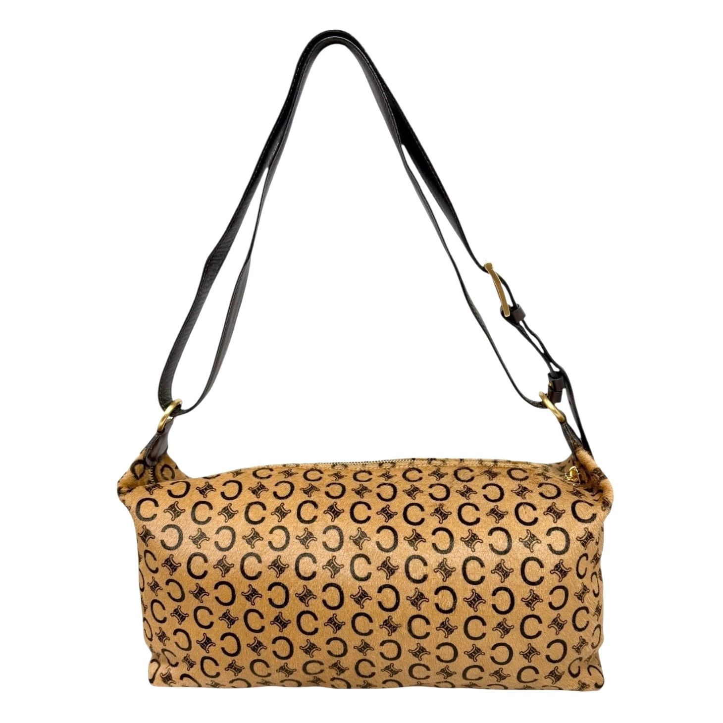 CELINE Vintage C Macadam Logo Pony Calf Hair 2way Shoulder Bag Beige Brown