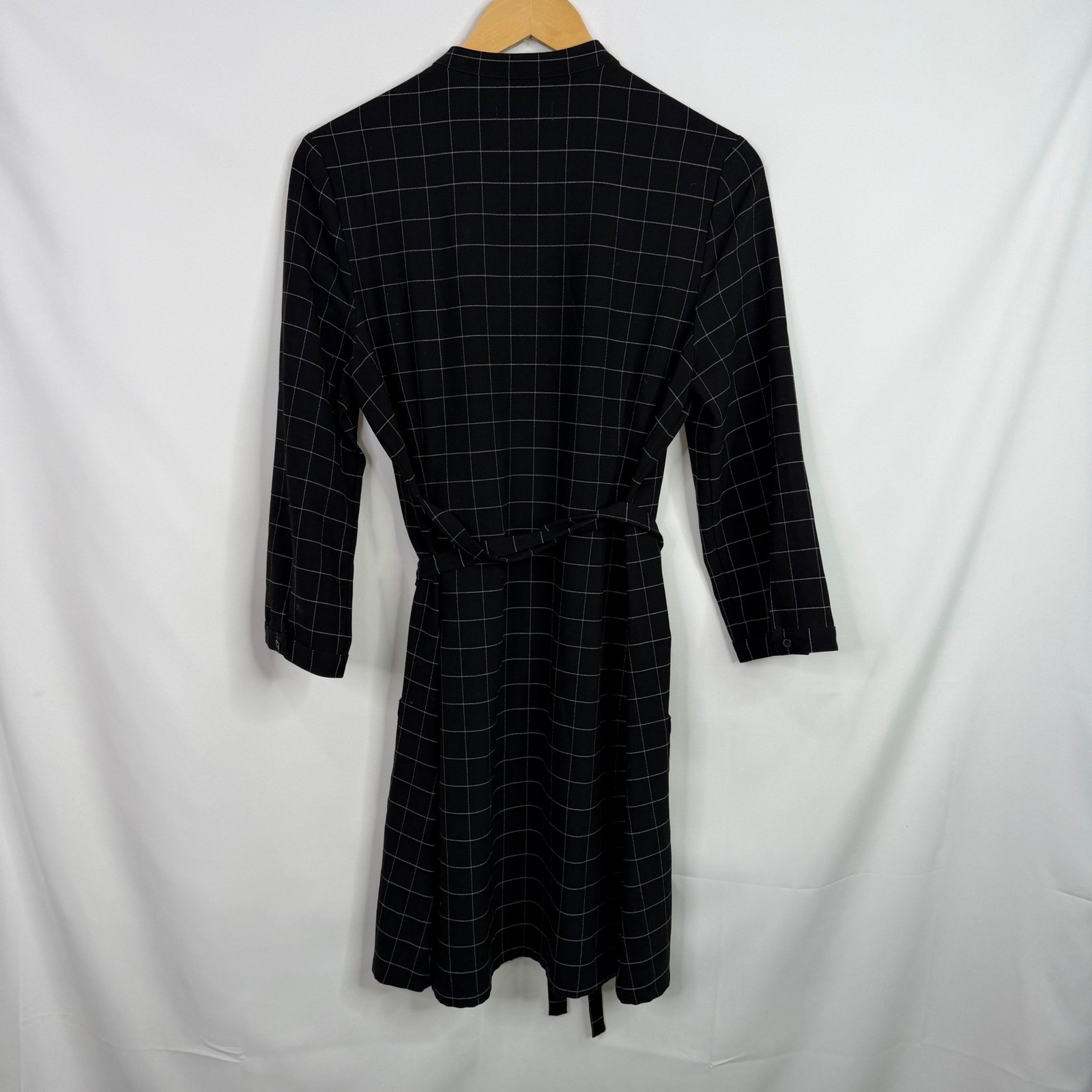 Dunderdon Ana Black Grid Windowpane Shirt Dress Tie Waist Pockets Size M