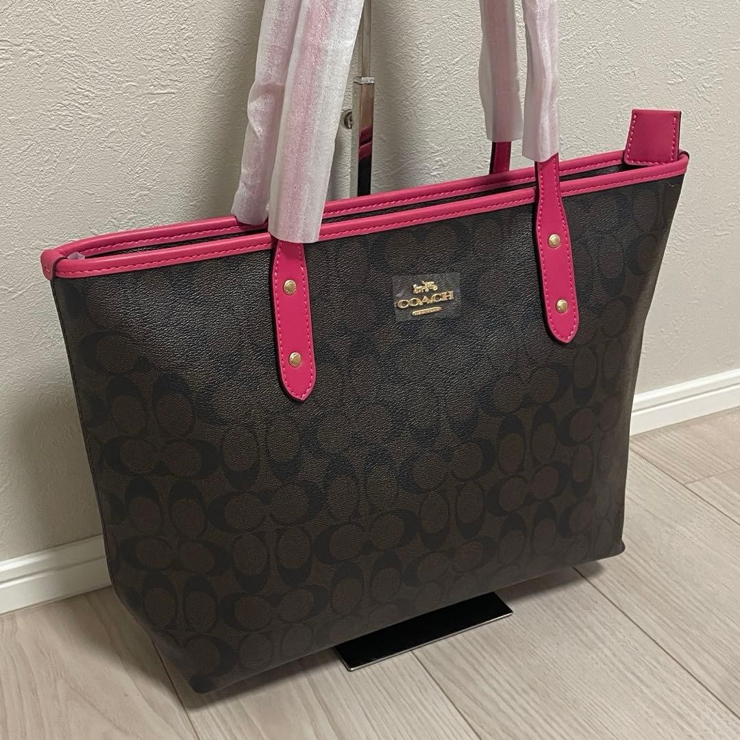 Coach Signature Tote Bag Pink Leather 29x46cm/11.4×18.1in Used
