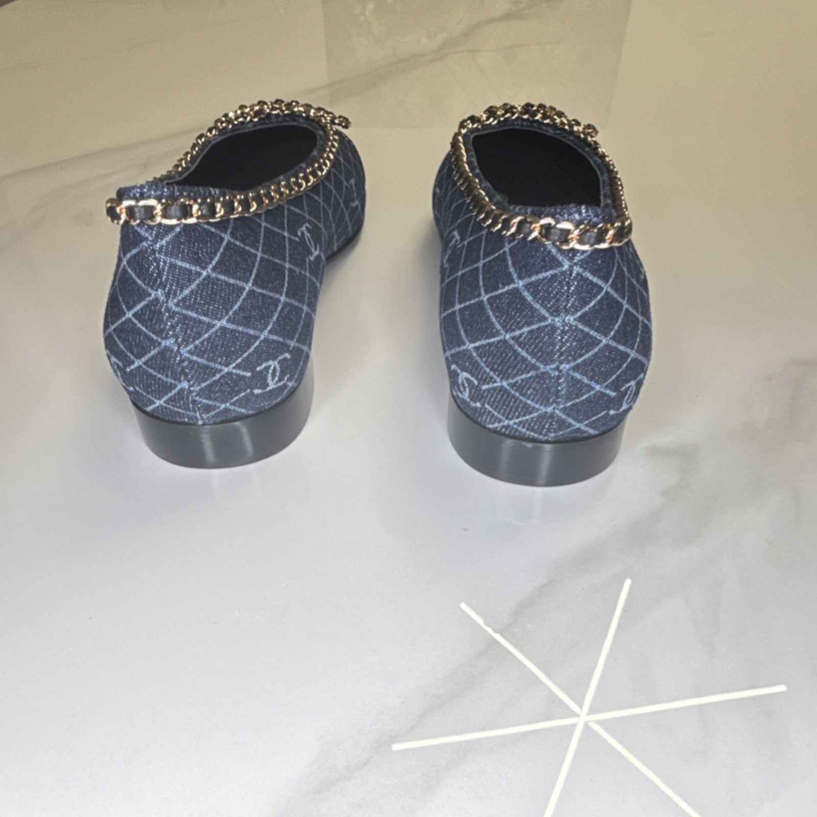 CHANEL Blue Denim Quilted Chain Bow Accent Ballet Flats for Women
