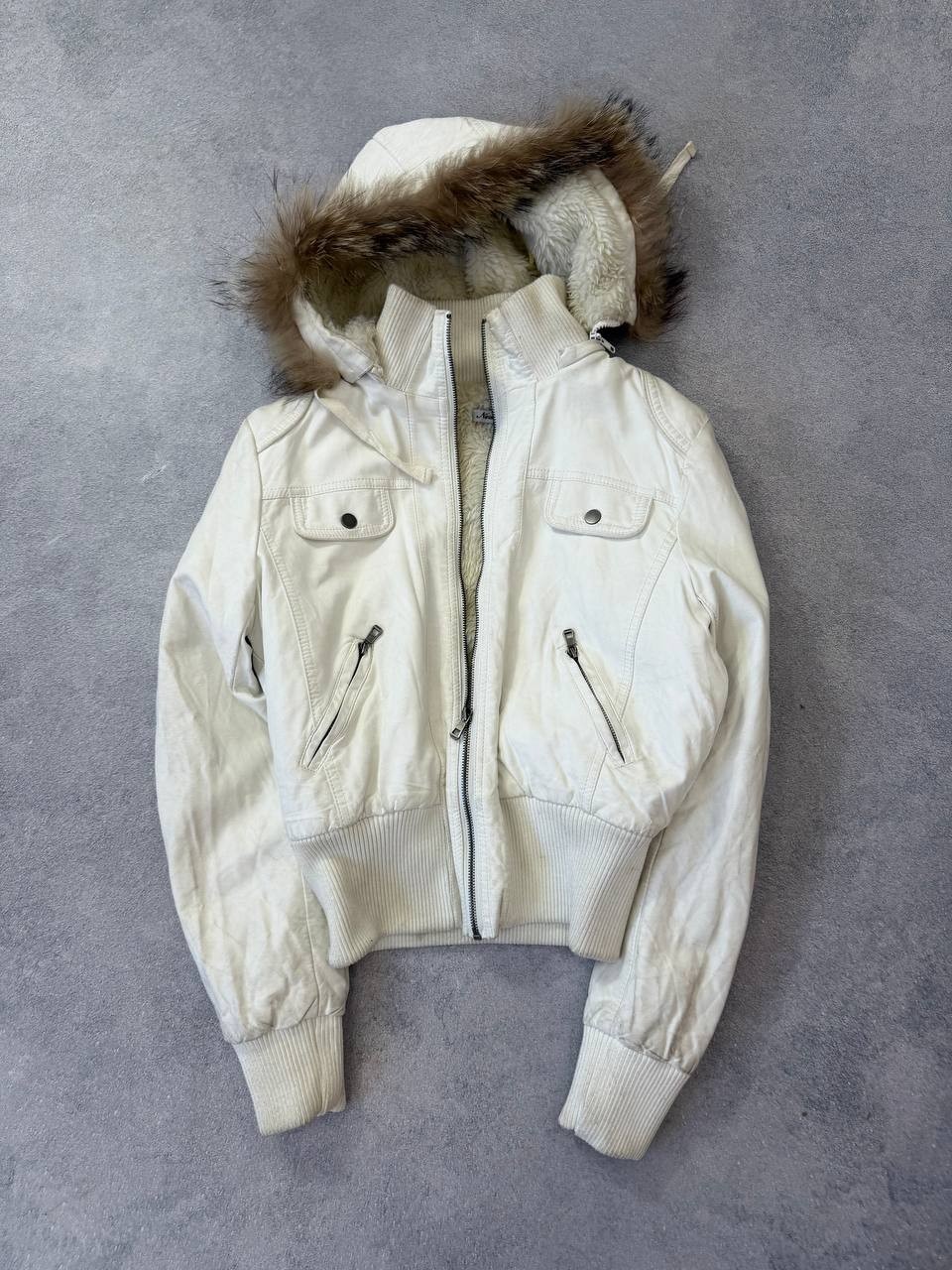 Vintage 90s White Avant-Garde Faux Fur Fell Cropped Leather Y2K Streetwear Jacke
