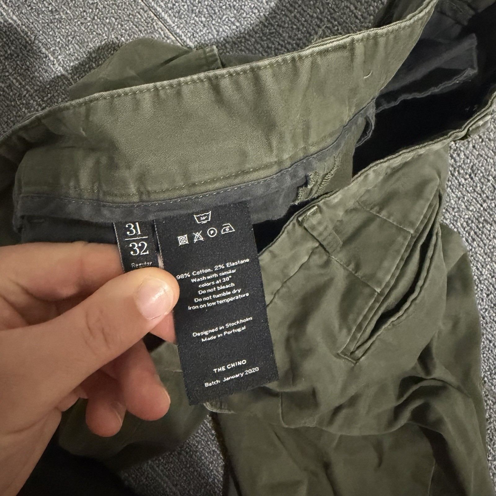 Asket Pants Mens 31×32 Green Cotton Stretch The Chinos Flat Front Straight Leg*