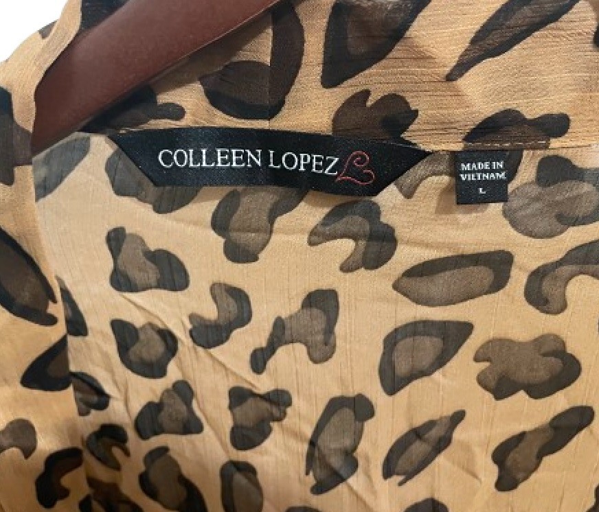 Colleen Lopez sheer tie-front top leopard animal print wrap blouses L cover-up