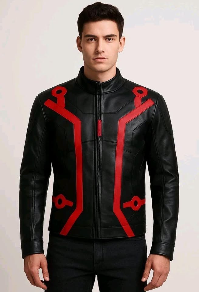 Tron Ares Inspired Cosplay Leather Jacket Men’s Black Red Futuristic Motorcycle