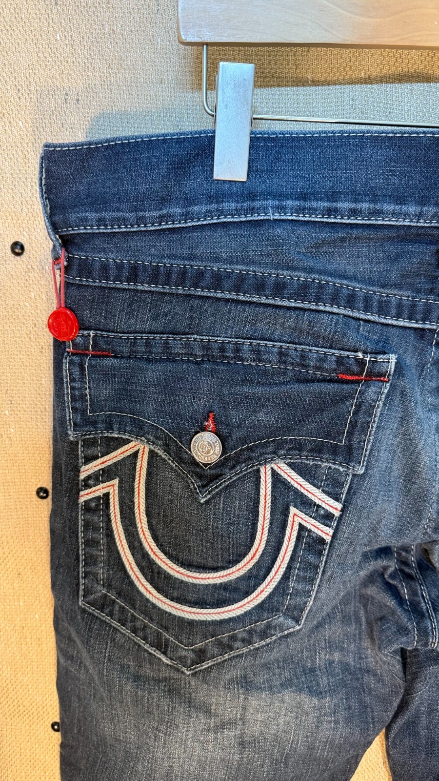 True Religion Straight Flap Red Stitch Dark Wash Jeans Mens 36×27