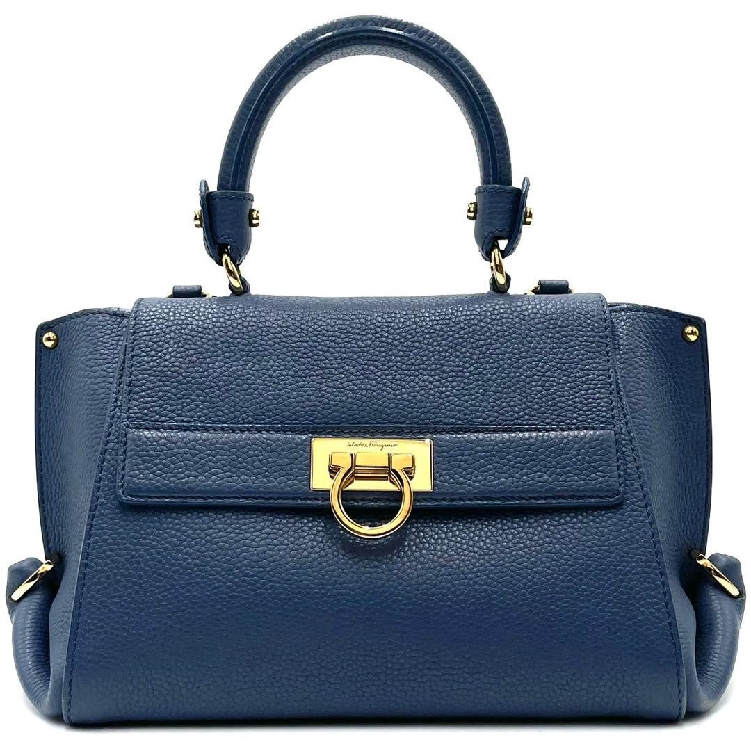 Salvatore Ferragamo Sofia 2way Gancini Leather Handle Crossbody Blue Gold Auth