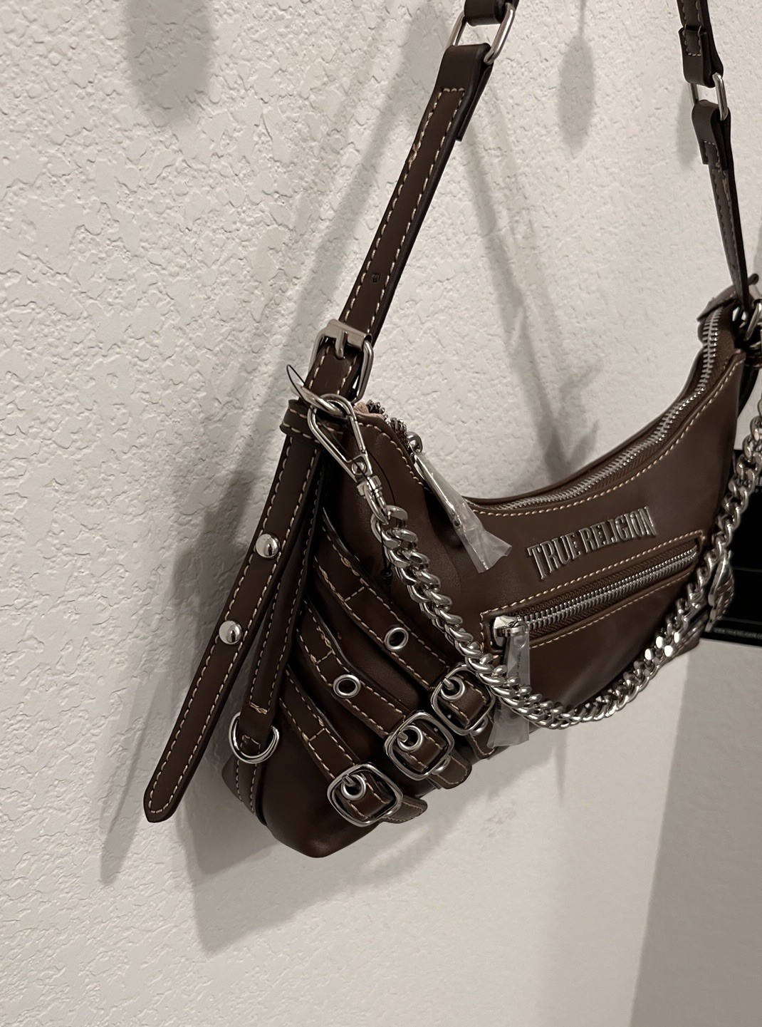True Religion Brown Crescent Shoulder Bag Zip Chain & Buckle Accents Silver